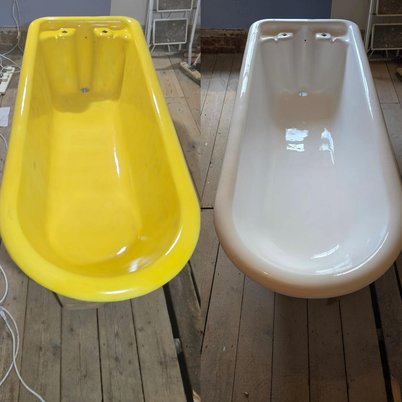 OldBEFORE AND AFTER PHOTOS OF A CAST IRON ROLL TOP BATH RE-ENAMELLED IN Tettenhall, Wolverhampton