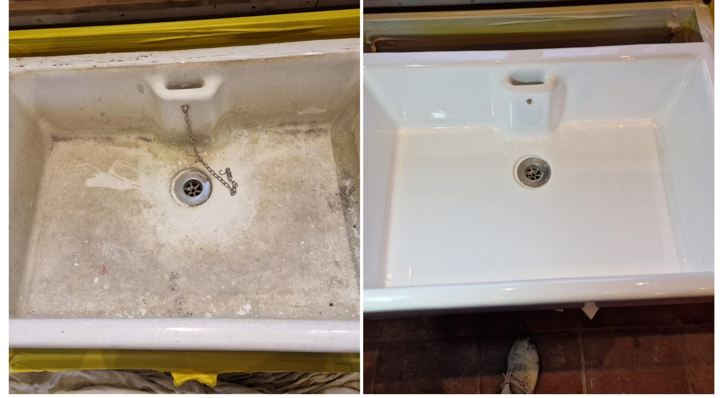 BEFORE AND AFTER PHOTOS OF A KITCHEN CERAMIC BELFAST SINK, WAS DAMAGED AND FULL OF CHIPS, FULLY RESORED TO A LIKE NEW FINISH IN Wolverhampton