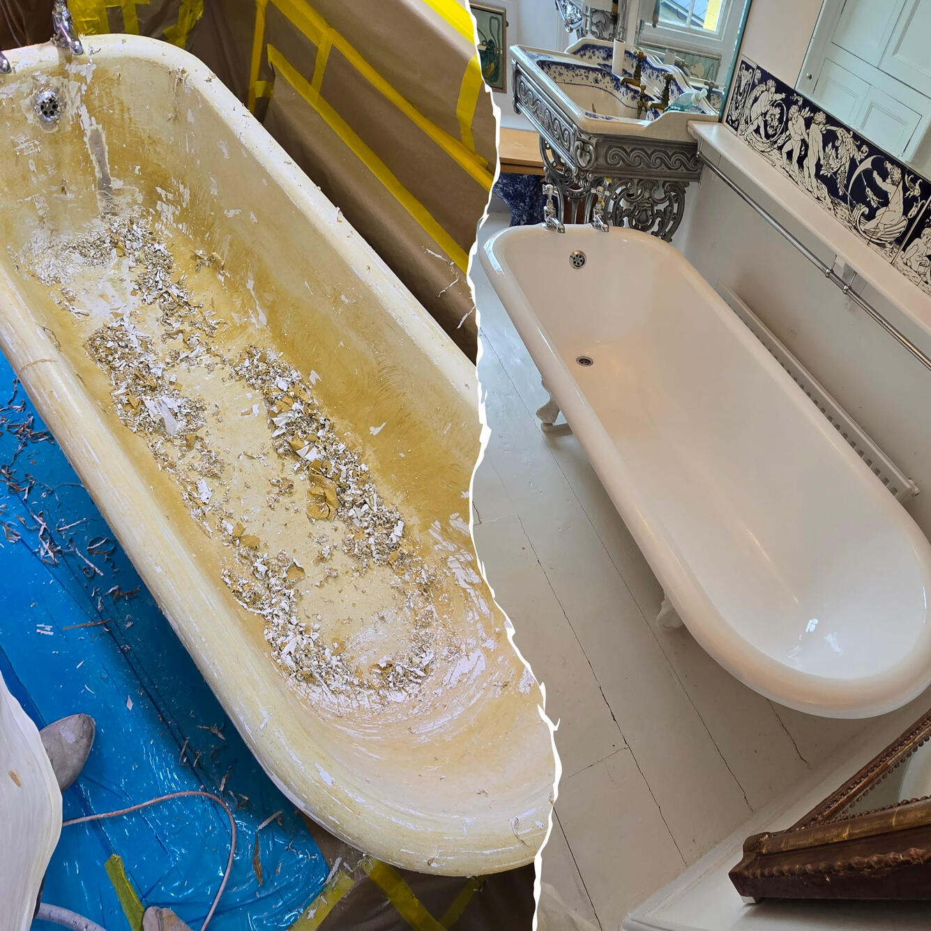 Before and after Victorian cast iron roll top bath re-enamelling in Penn, Wolverhampton