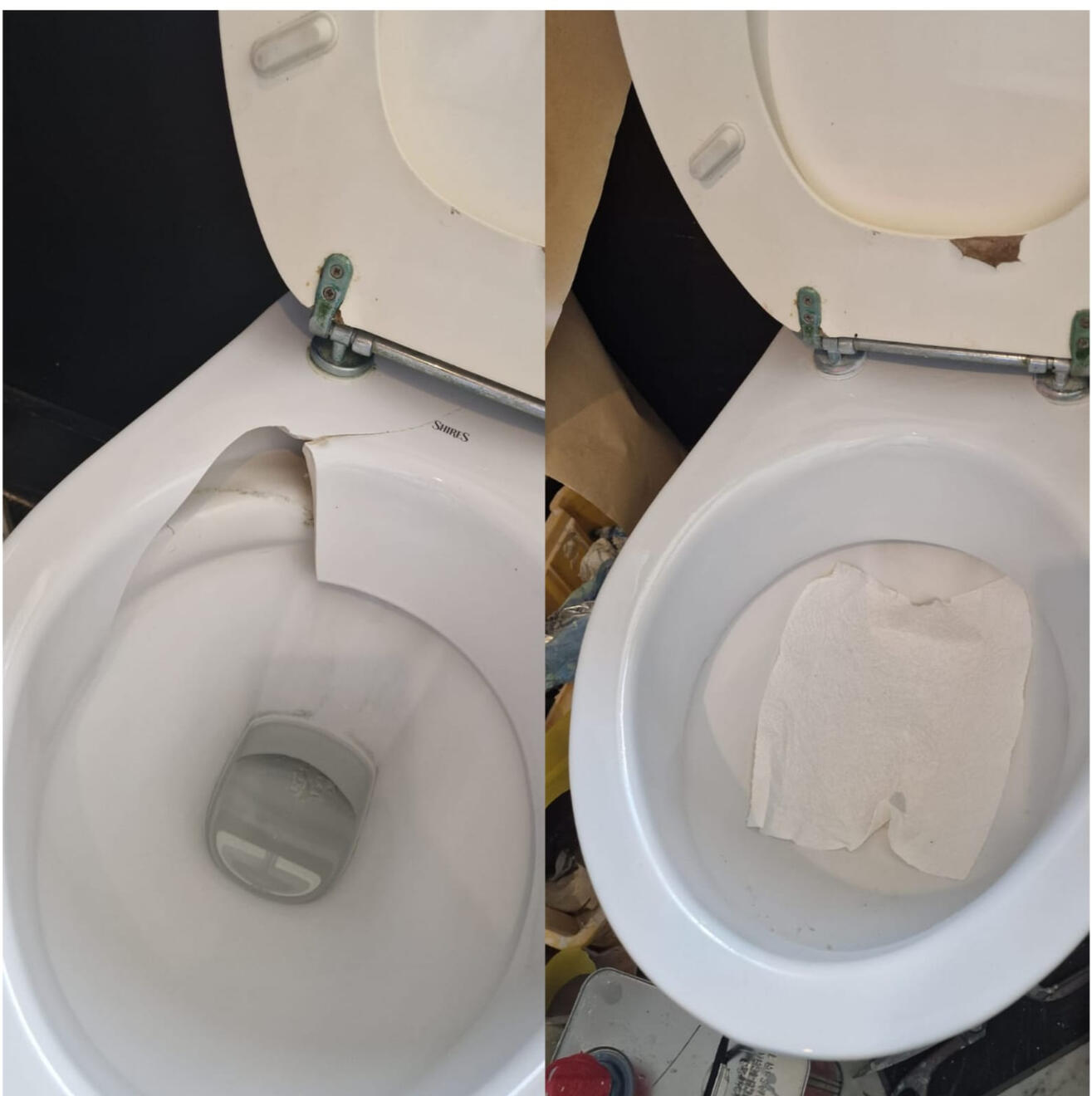 before and after pictures of a ceramic toilet crack repair in a pub in the center of Wolverhampton