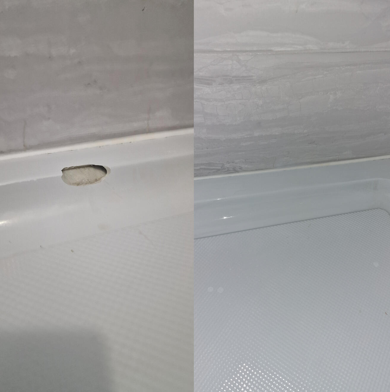 Before and after pictures of a shower Tray repair Wolverhampton