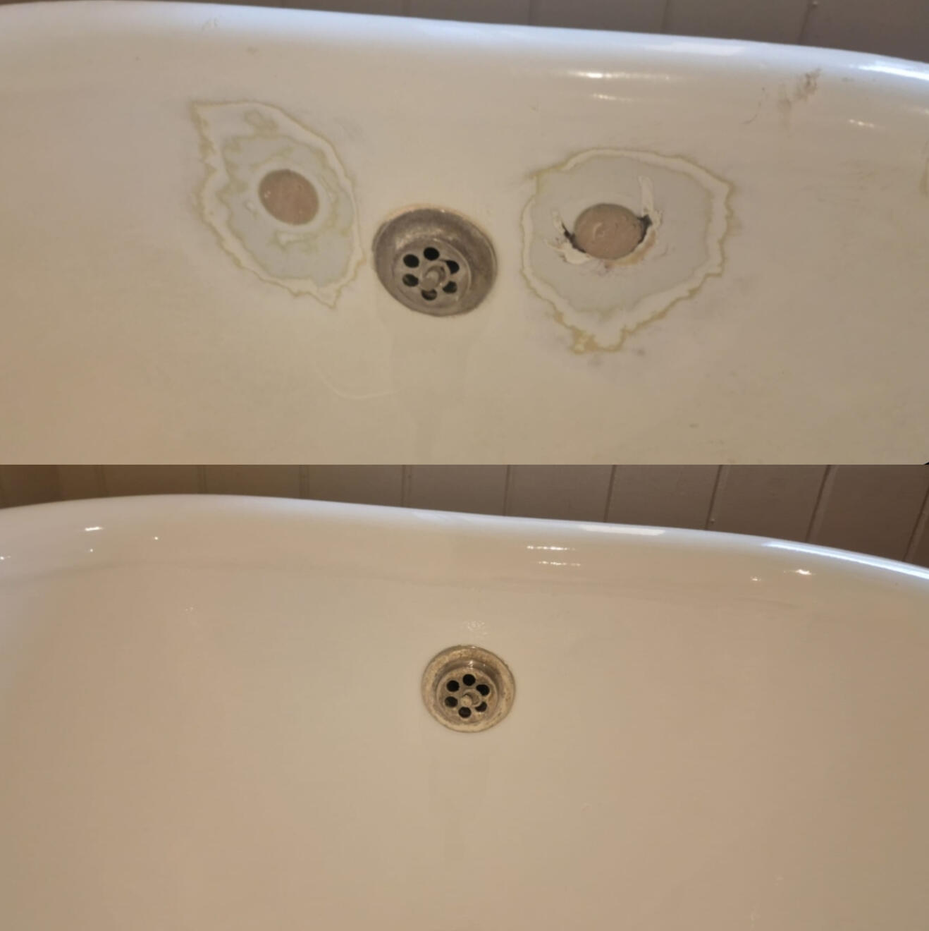 BEFORE AND AFTER PICTURES OF A CAST IRON BATH TAP HOLES FILLED AND REPAIRED Before and after cast iron bath tap holes filled and repaired in Wolverhampton