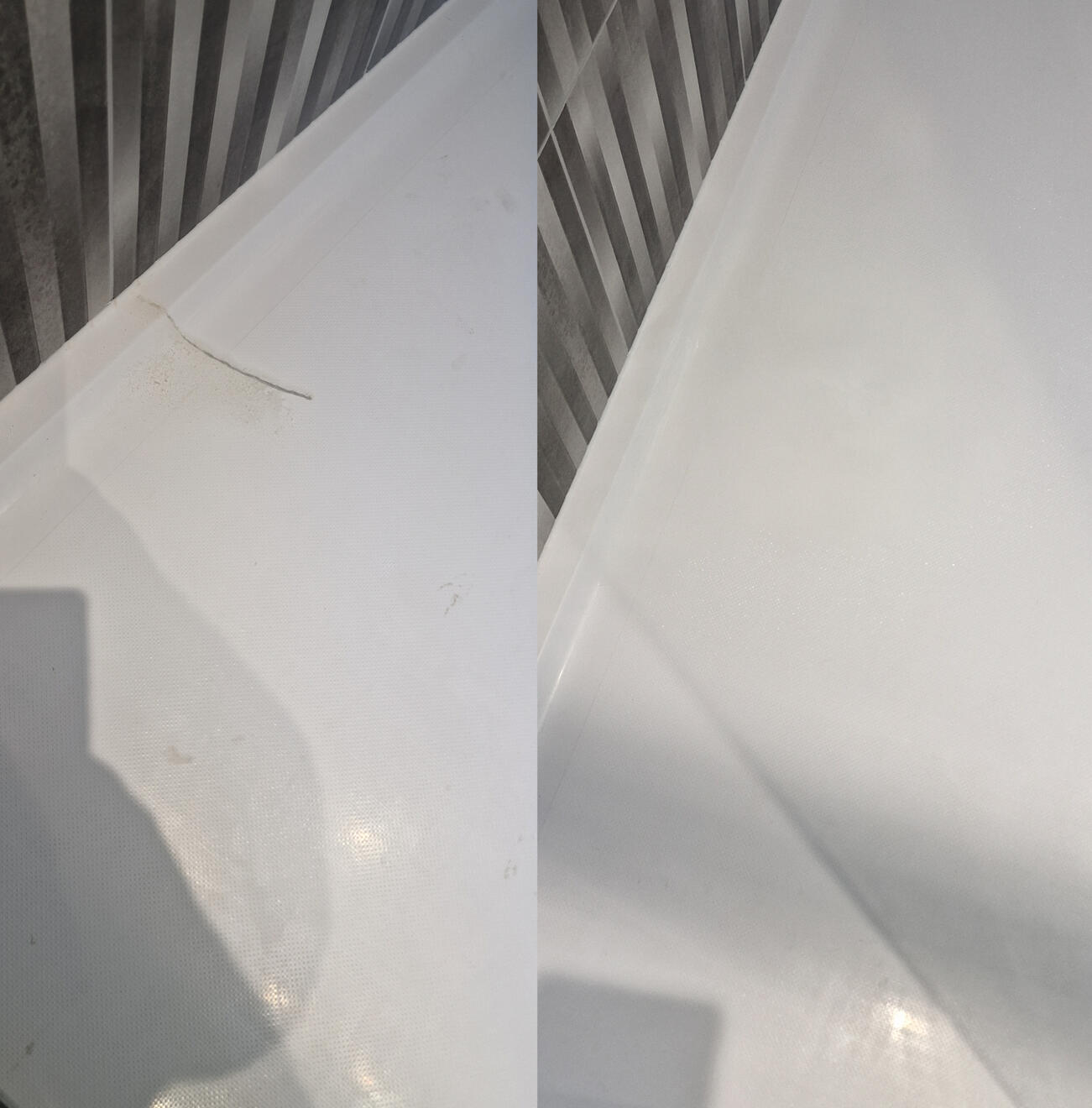 before and after pictures of a stone resin acrylic shower tray crack repair Reinforced shower tray crack repair in Wolverhampton