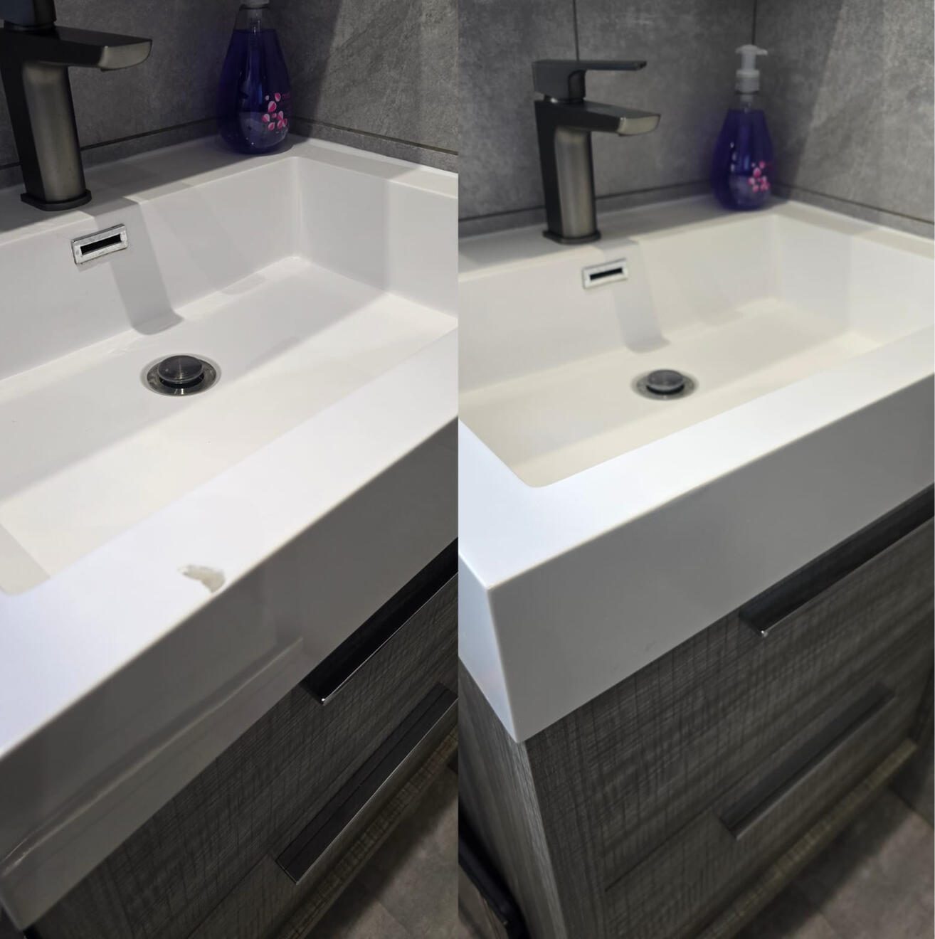 Before and after composite bathroom basin chip repair in Wolverhampton.