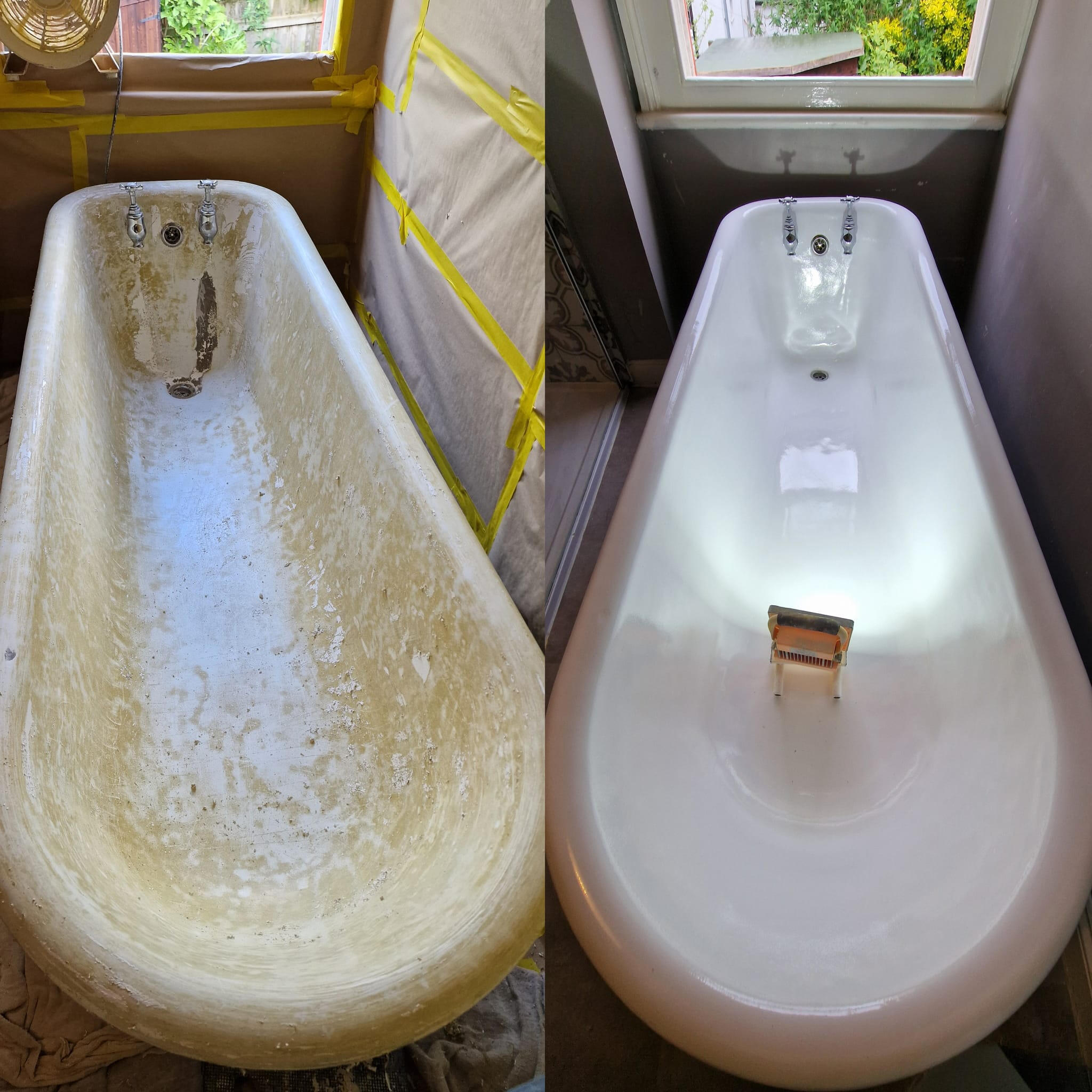 Before and after roll top cast iron bath re-enamelling in Wolverhampton